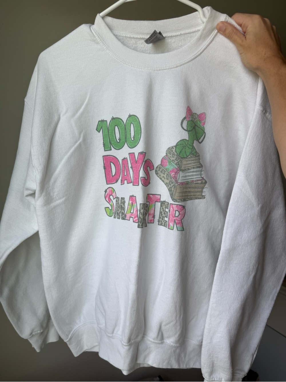 White "100 Days Smarter" Sweatshirt - Pink & Green Print